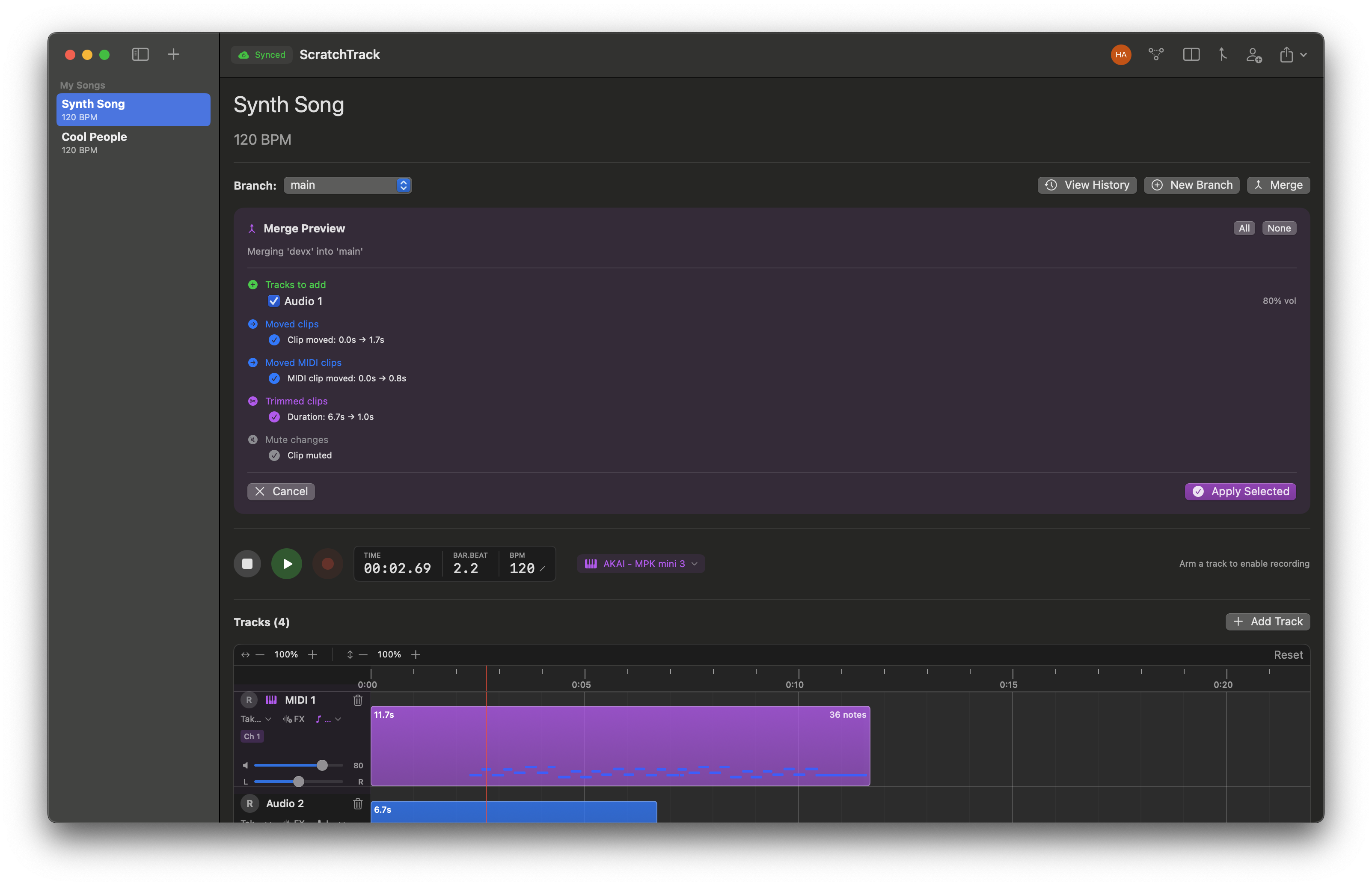 Merge preview showing tracks and changes to merge